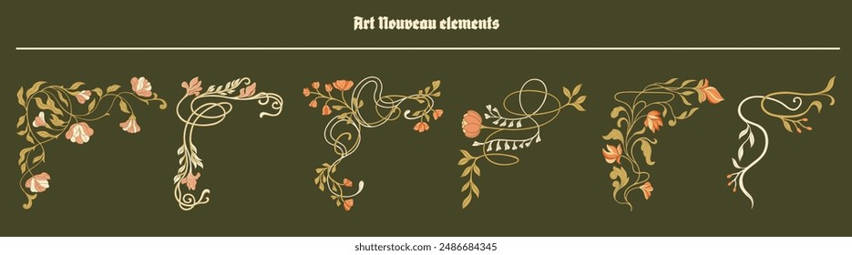 Art Nouveau floral corners. Vector. Modern decorative elements.