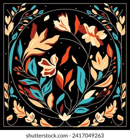 Art nouveau  floral decoration on dark background. Hnad drawn vector square design. 