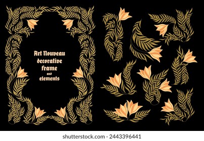 Art Nouveau floral frame and decorative elements. Vector.