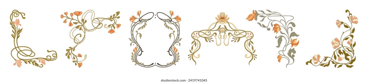 Art Nouveau floral frames, corners, and borders. Vector.