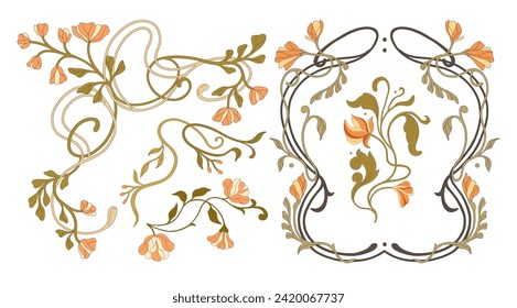 Art Nouveau floral frames, corners, and borders. Vector.