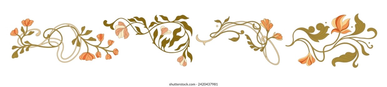 marcos florales, esquinas y bordes de estilo Art Nouveau. Vector.