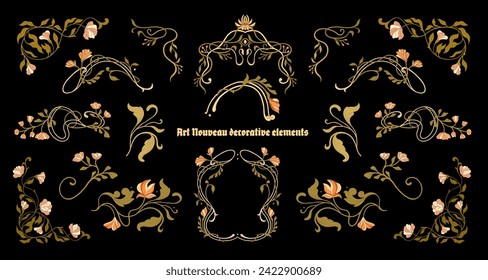 marcos florales, esquinas y bordes de estilo Art Nouveau. Vector.