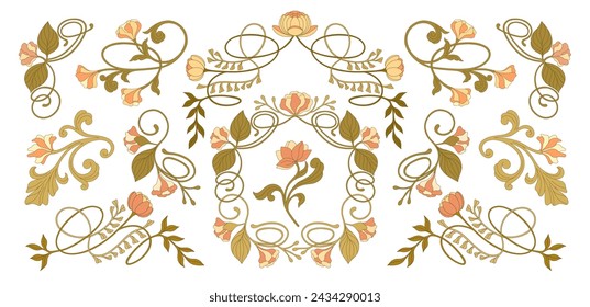 Art Nouveau floral frames, corners, and borders. Vector.