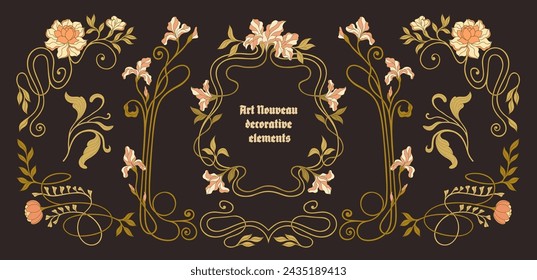 Art Nouveau floral frames, corners, and borders. Vector.