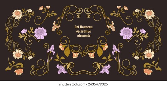 Marcos florales, esquinas y bordes de estilo Art Nouveau. Vector.