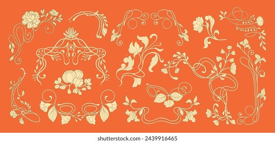 Art Nouveau floral frames, corners, and borders. Vector.