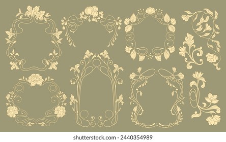 Marcos florales, esquinas y bordes de estilo Art Nouveau. Vector.