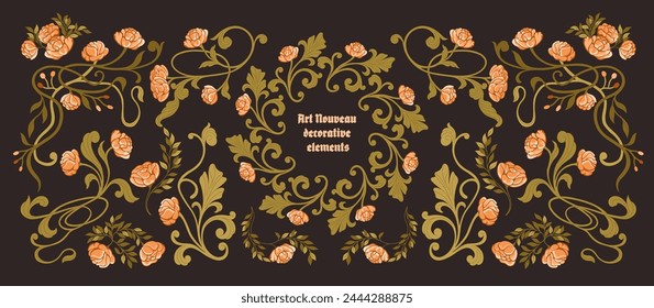 Art Nouveau floral frames, corners, and borders. Vector.