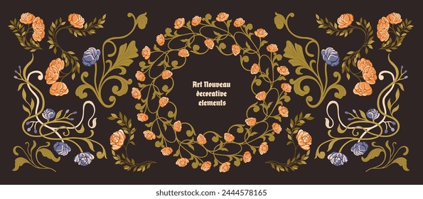 Marcos florales, esquinas y bordes de estilo Art Nouveau. Vector.