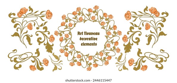 Art Nouveau floral frames, corners, and borders. Vector.