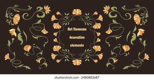 Art Nouveau floral frames, corners, and borders. Vector.