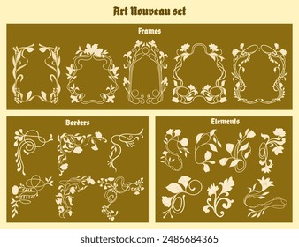 Jugendstil Blumenrahmen, Ecken und Ränder. Vektorgrafik.