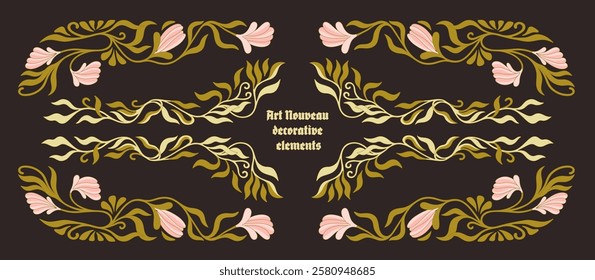 Art Nouveau floral frames, corners, and borders. Vector.