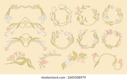 Art Nouveau floral frames, corners, and borders. Vector.