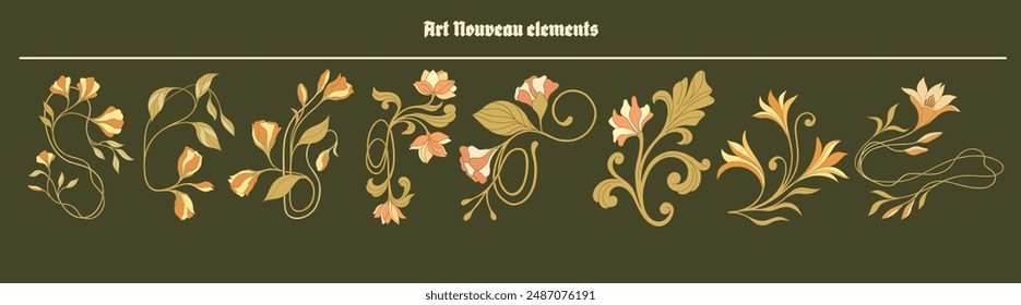 Art Nouveau floral set. Vector. Modern decorative elements.