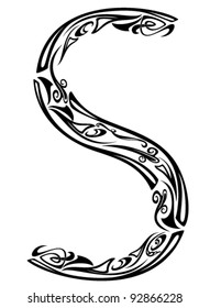 Art Nouveau floral style font - letter S - black and white fine vector outline