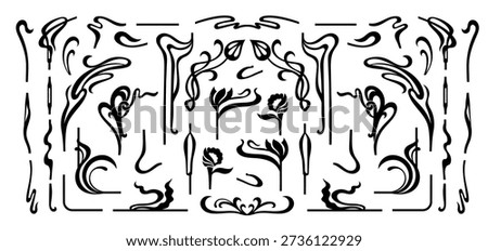 Art nouveau flourish frames. Filigree scrolls and botanical vines for vintage frame borders, elegant art deco floral dividers, baroque corner embellishment jugendstil design. Isolated vector set.
