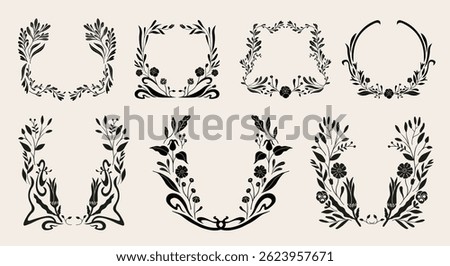 Art nouveau flower frame. Flower and leaf border, branch, wreath, garland decoration. Botanical vector illustration. Vintage antique classic floral graphic element.	