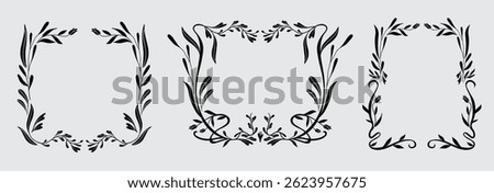 Art nouveau flower frame. Flower and leaf border, branch, wreath, garland decoration. Botanical vector illustration. Vintage antique classic floral graphic element.	