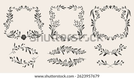 Art nouveau flower frame. Flower and leaf border, branch, wreath, garland decoration. Botanical vector illustration. Vintage antique classic floral graphic element.	
