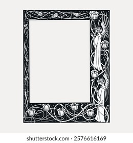 Art Nouveau frame with angels and flowers. Black and white frame with intricate angel and flower designs. Elegant Art Nouveau style with angels and flowers. Vintage floral illustration, vector.