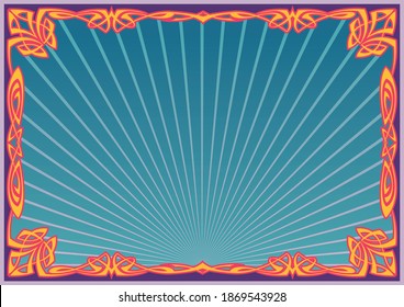 Art Nouveau Frame Psychedelic Color Background, Vintage Decorative Border 