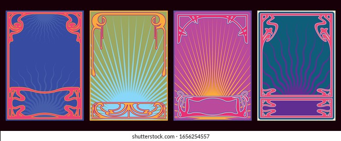 Art Nouveau Frames, Borders and Psychedelic Colors 1960s Style, Backgrounds and Patterns Set