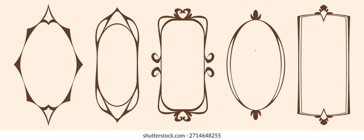 Colección de marcos Art Nouveau aislada sobre fondo. Ilustración vectorial de bordes de estilo vintage con pergaminos decorativos, decoración de forma de rectángulo ovalado para Anuncio retro, tarjeta de felicitación, diseño de menú