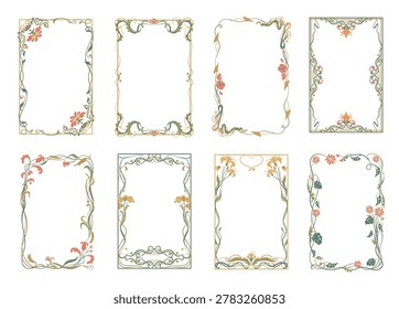 Art nouveau frames. Decorative borders, floral fragments, vintage elegant style, curved lines vines and flowers, organic botanical motifs for poster or card, splendid vector cartoon flat isolated set