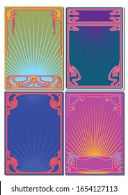 Art Nouveau Frames Psychedelic Colors Background Set, 1960s Posters, Covers Stylization