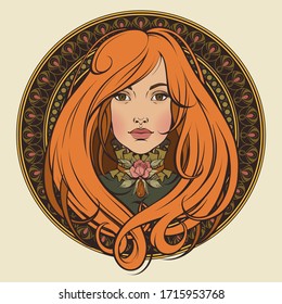 Art Nouveau. Girl with long hair. Vintage illustration. Ornamental frame.