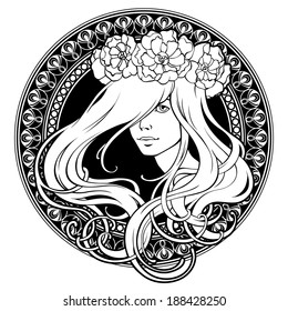 Art Nouveau. Girl in wreath. Ornamental frame.