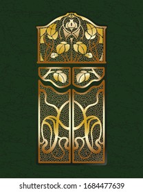 Art Nouveau Golden Gates. Modern Style Door. Art Deko Interior And Exterior Part. Green Marble Background. 