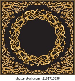 Art Nouveau golden scrolls with lily flowers, Gold floral border frieze and wreath on a black background