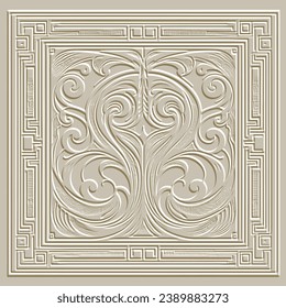 Art Nouveau and greek old style textured emboss 3d seamless pattern with square frame, borders. Relief floral vector background. Ornamental embossed vintage flowers ornaments. Surface endless texture.