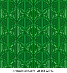 Art nouveau green seamless pattern of arches. Shades of green colors design. Horizontal rows of fans. Geometric ornament of rounded arched elements. Bright classic modern design.