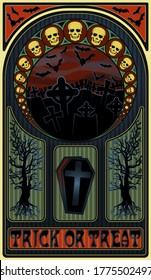 Art nouveau halloween banner with skulls, and coffin, vector illustration	