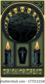 Art nouveau halloween card with skulls, candles and coffin, vector illustration	