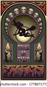 Art nouveau halloween card, witch and moon, vector illustration	