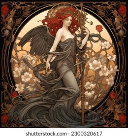 Art Nouveau illustration of a graceful angel, surrounded by intricate floral designs