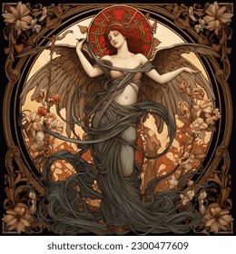 Art Nouveau illustration of a graceful angel, surrounded by intricate floral designs