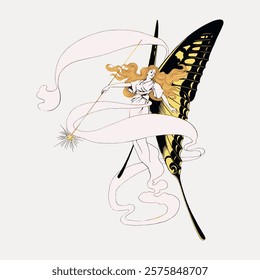 Art Nouveau illustration of a woman with butterfly wings. Elegant lines, flowing dress, and golden hair. Ethereal, artistic, and graceful design. Vintage art drawing, isolated vector element.