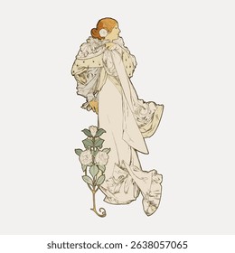 Art Nouveau illustration of a woman in elegant attire with flowing fabric and floral accents, showcasing intricate details and classic Art Nouveau style. Vintage character art illustration vector.