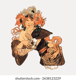Art Nouveau illustration of a woman with flowers in her hair, holding a beer. The vintage style features flowing lines and intricate floral details. Vintage character art illustration vector.