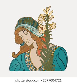 Art Nouveau illustration of a woman with flowing hair, floral motifs, and intricate patterns. The woman is depicted with a serene expression and elegant style. Vintage illustration isolated, vector.