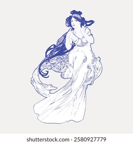 Art Nouveau illustration of a woman in a flowing dress. Elegant lines, intricate details, and graceful pose. Vintage style, artistic design, classic elegance. Vintage woman illustration vector.