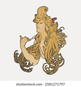 Art Nouveau illustration of a woman with flowing hair, intricate design, and elegant pose. Vintage style, detailed lines, and classic Art Nouveau elements. Vintage woman illustration isolated, vector.