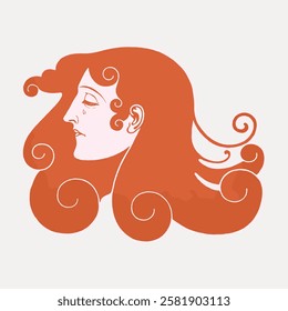 Art Nouveau illustration of a woman with flowing red hair and delicate features, showcasing classic Art Nouveau style with elegant, swirling hair design. Vintage woman illustration isolated, vector.