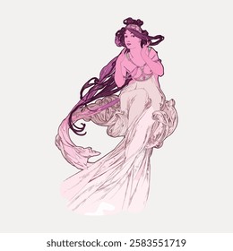 Art Nouveau illustration of a woman in flowing dress. Elegant pose, intricate details. Vintage style, feminine grace. Artistic, decorative, vintage elegance. Vintage woman illustration vector.